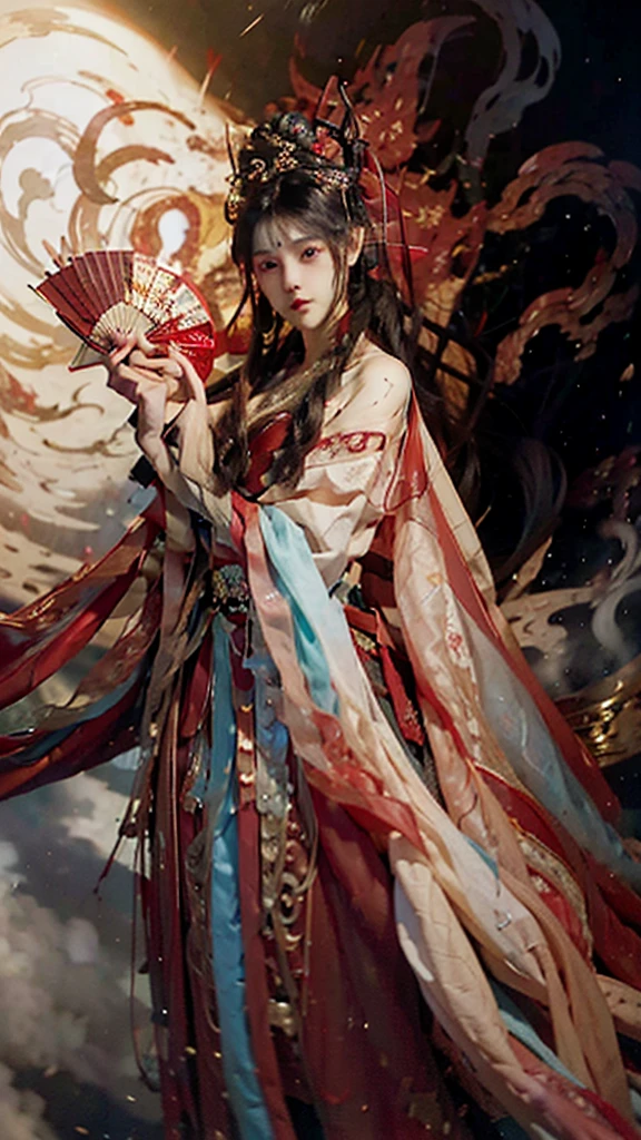 best quality,masterpiece,Ultra-high resolution,photoactual:4：0,Demon World,dark clouds all over, tornado,An iron fan princess,long flowing hair,Handsome and handsome face,sharp eyes,Big breasts,thin waist,Charming and slender,Wearing a stunning red and black outfit,Holding a giant palm leaf fan