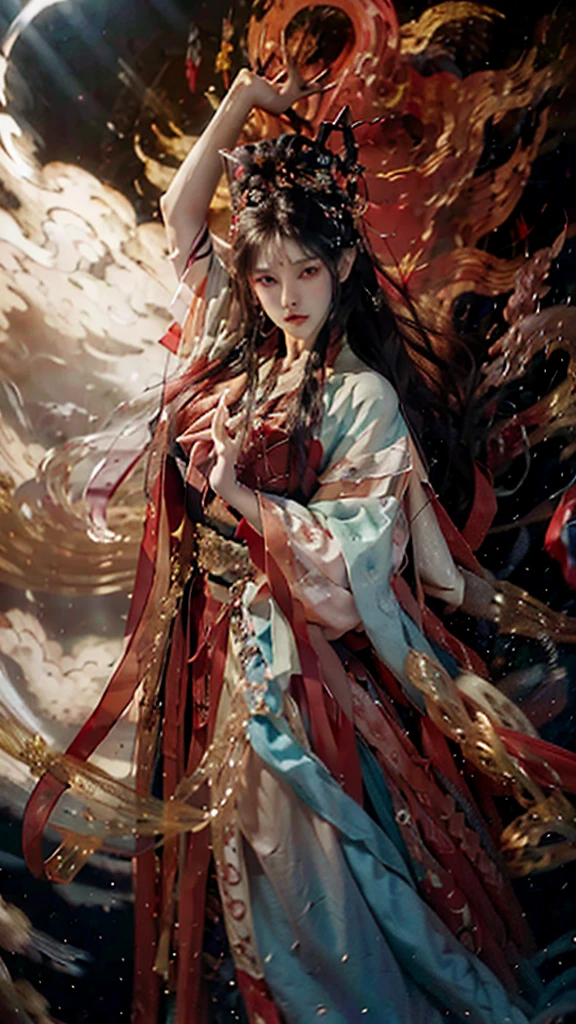 best quality,masterpiece,Ultra-high resolution,photoactual:4：0,Demon World,dark clouds all over, tornado,An iron fan princess,long flowing hair,Handsome and handsome face,sharp eyes,Big breasts,thin waist,Charming and slender,Wearing a stunning red and black outfit,Holding a giant palm leaf fan