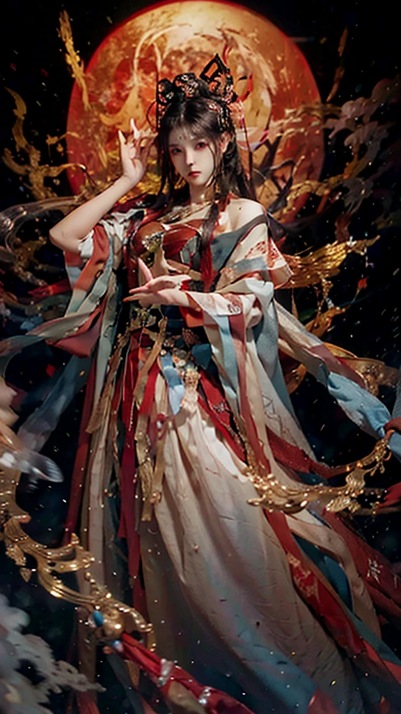 best quality,masterpiece,Ultra-high resolution,photoactual:4：0,Demon World,dark clouds all over, tornado,An iron fan princess,long flowing hair,Handsome and handsome face,sharp eyes,Big breasts,thin waist,Charming and slender,Wearing a stunning red and black outfit,Holding a giant palm leaf fan