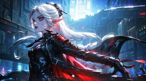 female elf, long white hair, blue eyes, black gothic choker, red jacket, black shirt, red lips, black makeup. a detailed eye. ci...