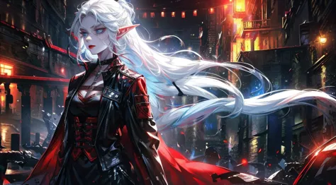 female elf, long white hair, blue eyes, black gothic choker, red jacket, black shirt, red lips, black makeup. a detailed eye. ci...