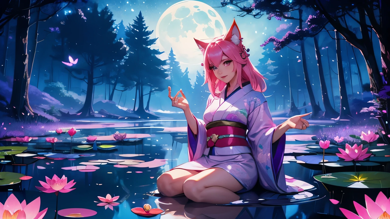 A high-definition animated scene featuring Ahri from League of Legends, with vibrant pink hair and amethyst eyes, in a moonlit forest pond. She poses seductively, wearing a detailed kimono, surrounded by glowing butterflies and shimmering water lilies, under a starry sky.