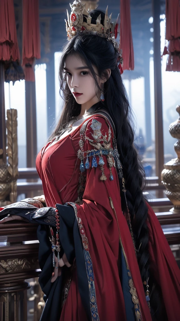 best quality,masterpiece,Ultra-high resolution,photoactual:4：0,God Cultivation World,dark clouds all over, tornado,Iron Fan Princess,long flowing hair,Handsome and handsome face,sharp eyes,Big breasts,thin waist,Charming and slender,Wearing a stunning red and black outfit,Holding banana leaf（Giant banana fan）