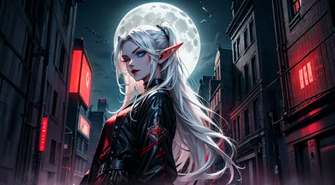 female elf, long white hair, blue eyes, black gothic choker, red jacket, black shirt, red lips, black makeup. a detailed eye. ci...