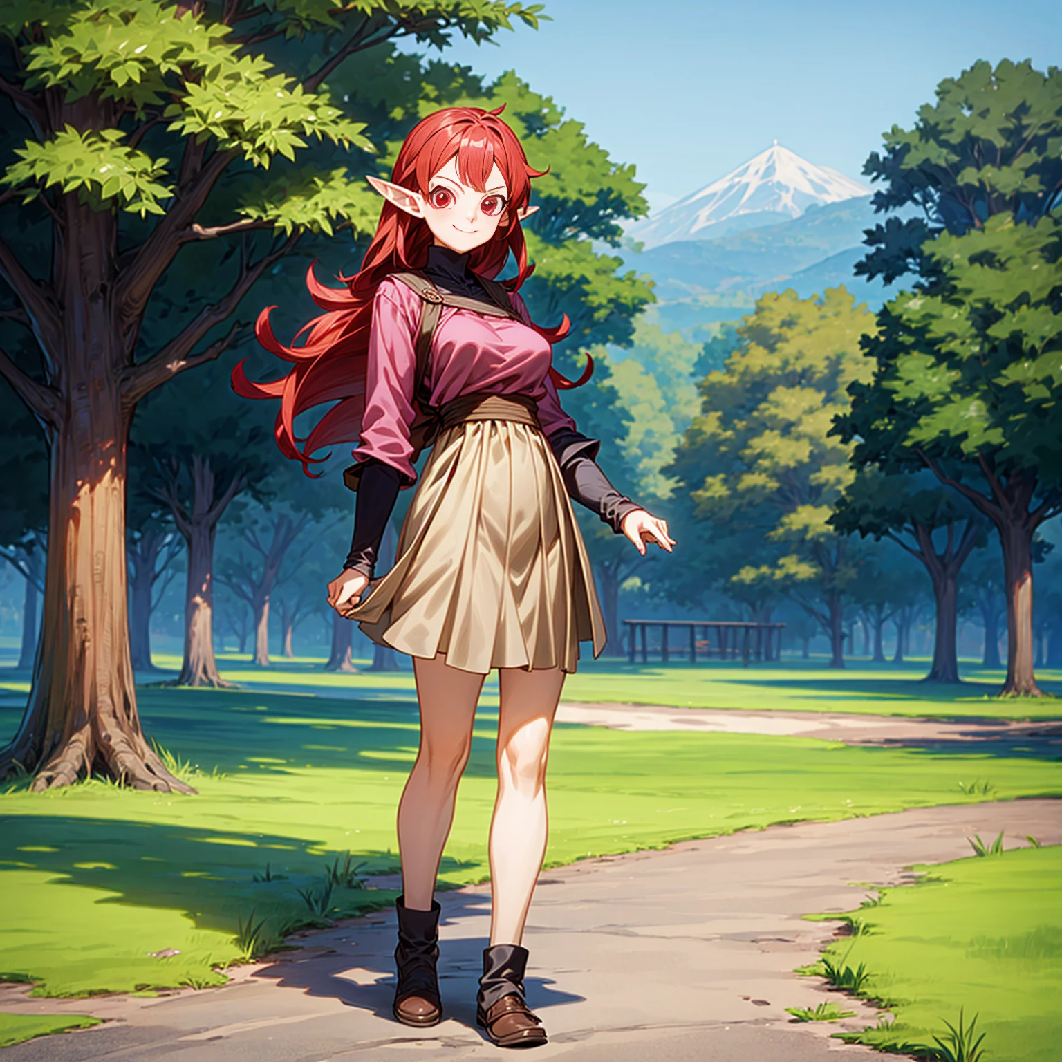 Solo character, full body version, young girl, (elf), red eyes, red color hair, long hair, pink shirt clothing, brown skirt, shoes, outdoor, village, medieval, standing gesture, detailed background, detailed clothing, detailed hair, (black clover style art, dragon ball style art), smile mouth, big breast, 