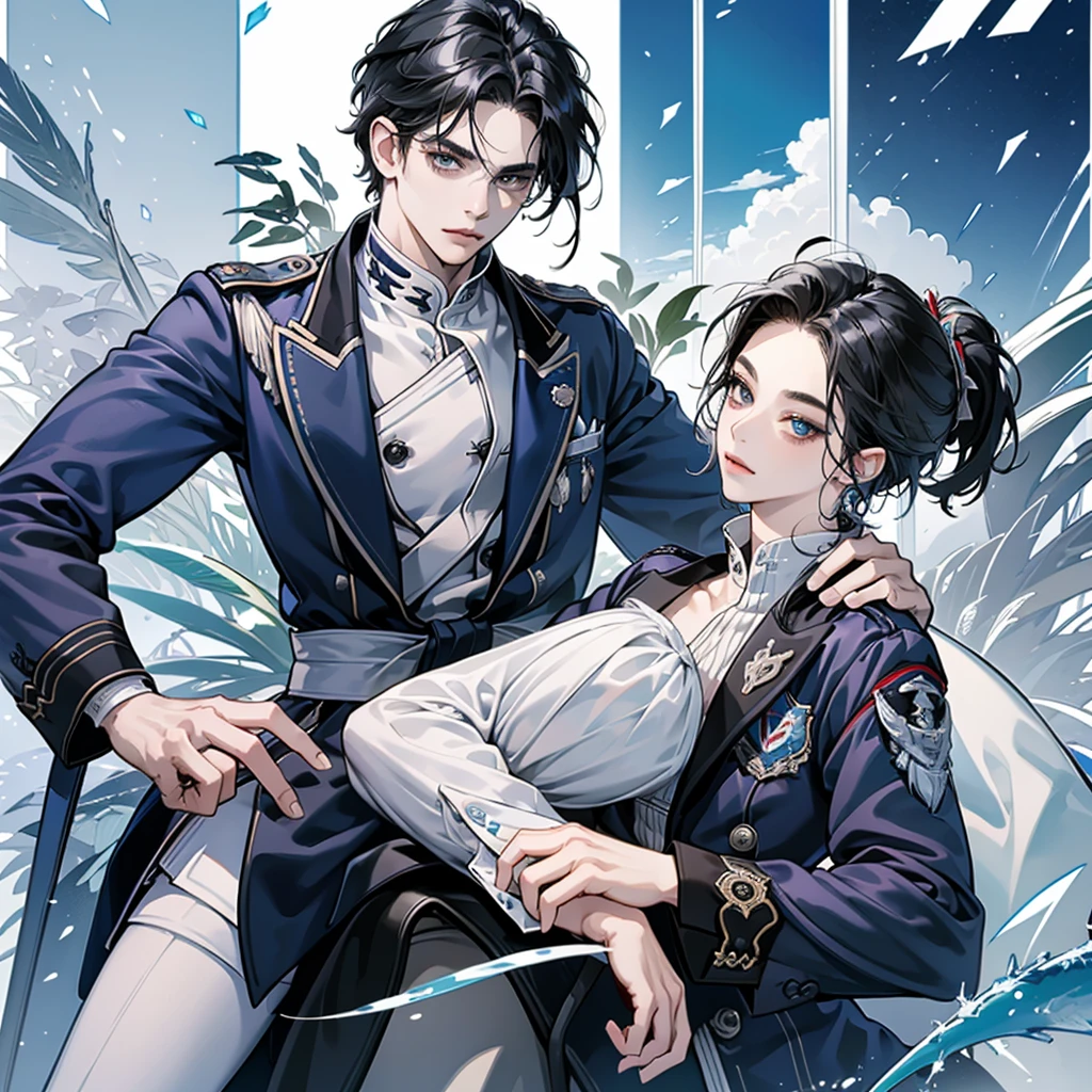 Highest quality、high quality、cool、Personification of fish、Handsome、Visual Kei、Provocative、Alluring、looking at the camera、Glare、A sophisticated adult、ennui、Black Hair、air force、uniform、Uniform cap、Slicked back hairstyle、1 person