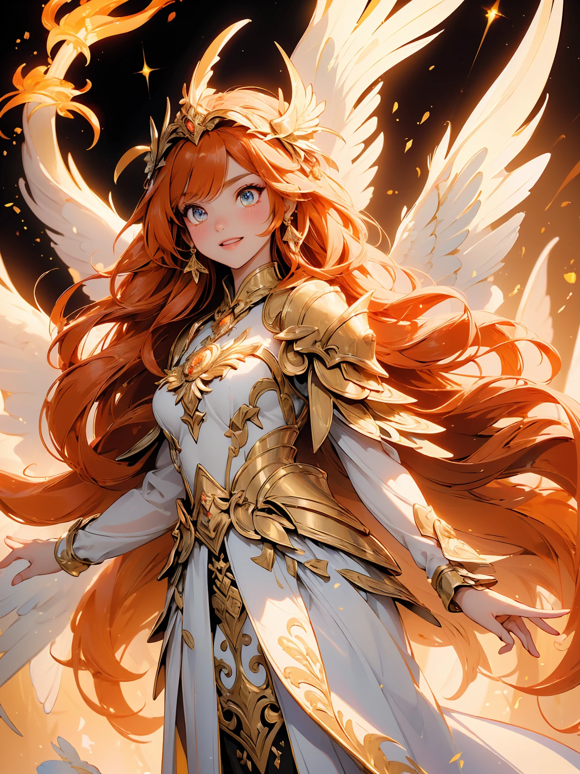 (((masterpiece, best quality, high detailed, 16k))) (1girl) A radiant young girl imbued with the powers of the phoenix, her eyes glowing with an inner fire. Her long, flowing hair is a fiery mix of red, orange, and gold, resembling the flames of a phoenix. She wears a celestial armor, shimmering with a blend of white and gold, adorned with ethereal patterns and symbols of rebirth and renewal. The armor is both elegant and protective, with feather-like accents that give her an otherworldly appearance. She emanates a warm, powerful aura, and behind her, ethereal wings of fire seem to form, hinting at her phoenix heritage. ((full body view))