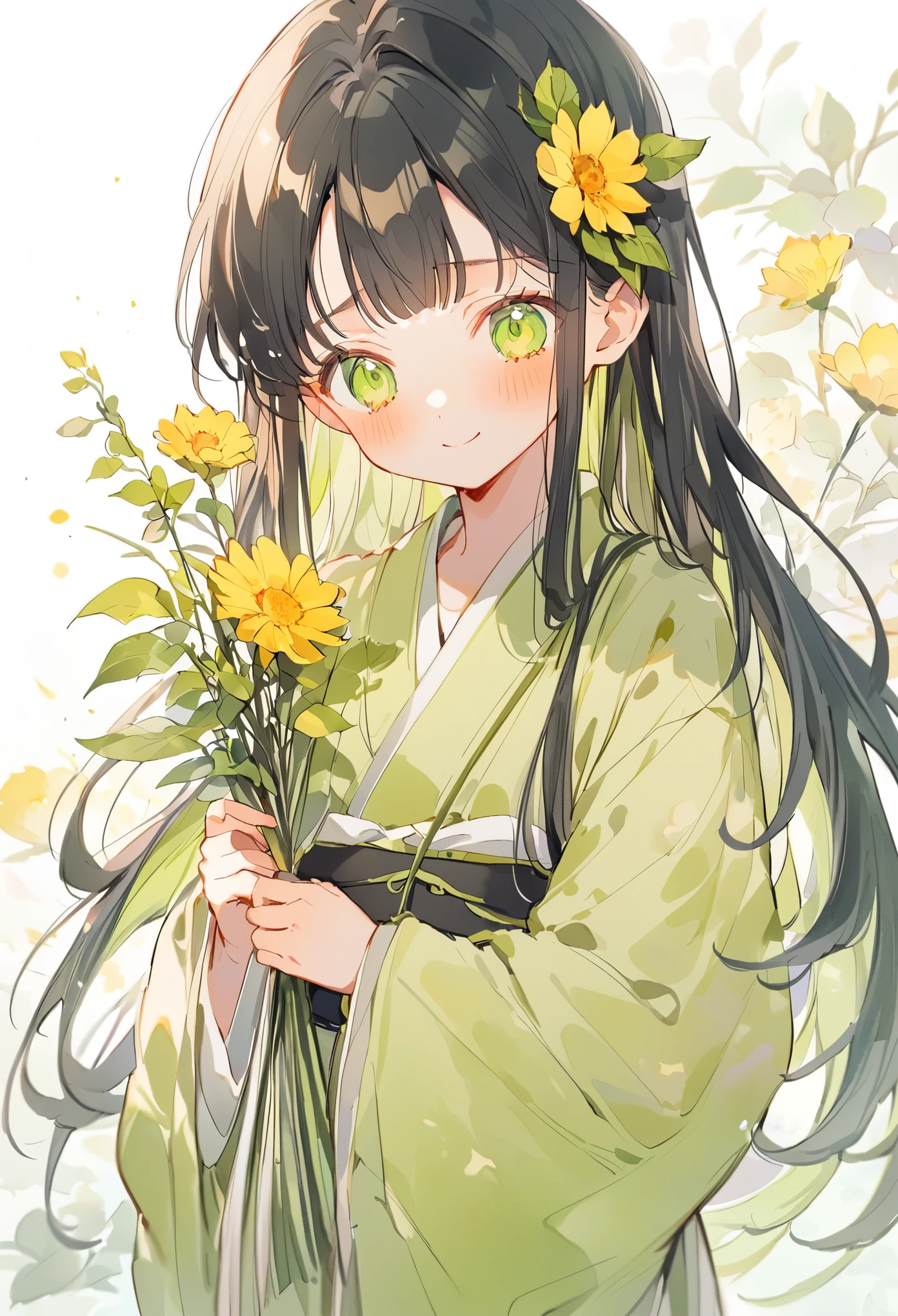 A girl wearing a yellow-green kimono、Long black hair、Straight Hair、Yellow-green flower hair ornament、holding shinobue,{smile},{{sad}},soft tech,soft line,pure anime style,{watercolor}