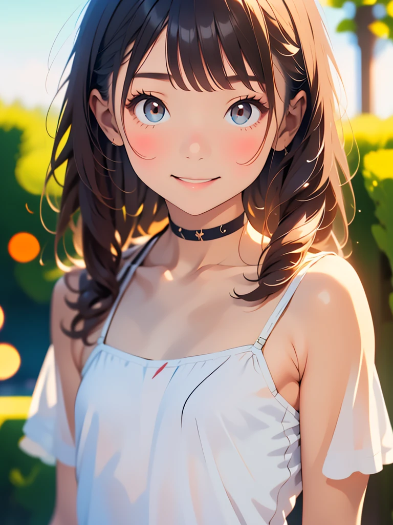 one girl、smile:0.1、pretty girl、brown hair、baby face、young、delicate girl、Upper body、small breasts、unreasonable precision、Super detailed、camisole、completely flat、Honesty、thin arms, professional lighting, film grain, chromatic aberration, (Eye and face details:1.0), (Bokeh:1.1)、school swimwear)))、software:1.5)))、 highest quality, 8k, 14 years,