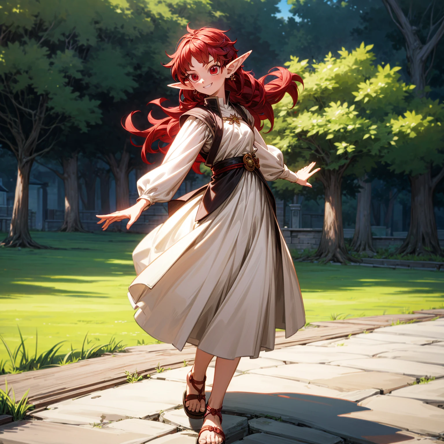 Solo character, full body version, kid girl, (elf), red eyes, red color hair, long hair, undercut hair, white shirt clothing, brown skirt, sandals, outdoor, village, medieval, standing gesture, detailed background, detailed clothing, detailed hair, (black clover style art, dragon ball style art), happy, smile mouth 