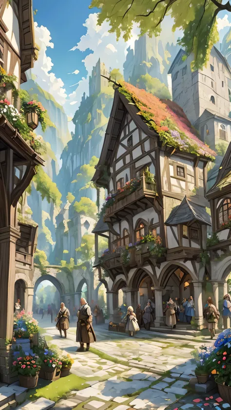 middle ages　 fantasyrpg landscape a stone cityscape　 many people　bard　bar