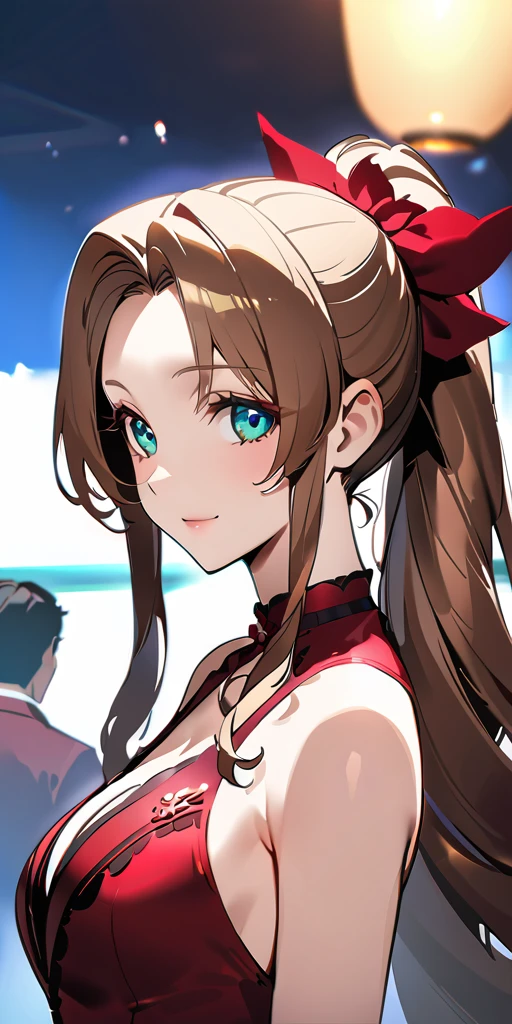 (((((Aerith Gainsborough:1.2)))))、,((Highest quality、masterpiece、anime style、best quality、high resolution、8k、detailed、ultra-detailed:1.3))、Long legs:1.2, Beautiful woman with perfect figure:1.4、(Smiling:1.2), double eyelid、30-year-old female、((((One Woman,beautiful face,Beautiful face,upper body:1.5)))),Big Breasts、High resolution, accurate, Anatomically correct, High-resolution model, high quality, Very detailed, Ultra high definition、Black Hair、Straight Hair、Long Hair、cabaret girl, hostesses,(((Evening Gowns,dress、Luxury、bedroom )))、((三つ編み、ポニーテール:1.5))