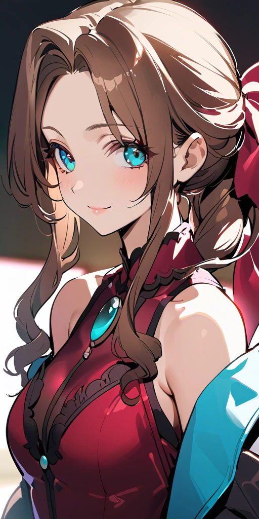 (((((Aerith Gainsborough:1.2)))))、,((Highest quality、masterpiece、anime style、best quality、high resolution、8k、detailed、ultra-detailed:1.3))、Long legs:1.2, Beautiful woman with perfect figure:1.4、(Smiling:1.2), double eyelid、30-year-old female、((((One Woman,beautiful face,Beautiful face,upper body:1.5)))),Big Breasts、High resolution, accurate, Anatomically correct, High-resolution model, high quality, Very detailed, Ultra high definition、Black Hair、Straight Hair、Long Hair、cabaret girl, hostesses,(((Evening Gowns,dress、Luxury、bedroom )))、((三つ編み、ポニーテール:1.5))