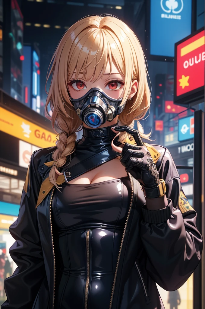 (masterpiece, Best Quality, High resolution, absurdities, intricate details), 8k
1chica, Alone, (For the blue, Long hair), neckline, jewelry, medium breasts, jacket, latex gas mask_bodysuit, upper body, teeth, finger_less_gloves, Peaks_neck, cyberpunk, cyberpunk, shiny skin, toned_body, gas mask, <lora:gas mask:0.7 BREAK ready to fight hard_streets, dirty, cyberpunk background, Armed police walking away