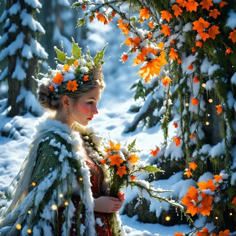 winter queen beautiful swedish lady wearing a gaussian gown made of snow, a diminutive gently crying pixie with tears as big as ...