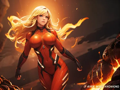 woman, blonde hair with red tips, large breasts, fire bodysuit, shooting fire from hands, super hero, in vocano, ((hovering abov...