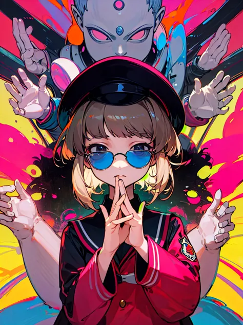 buddha、pink sunglasses、hands crossed in front、pink short hair、diagonal bangs, black banchou uniform、black school cap、youth、high ...