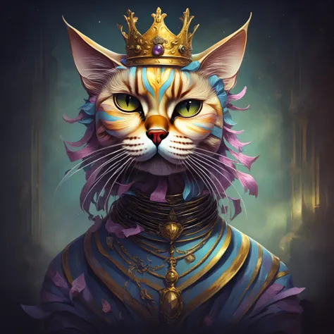 a painting by aykut aydogdu of a cat with a crown on its head, illustration of a cat, cheshire cat death tarot card, skeletal wi...