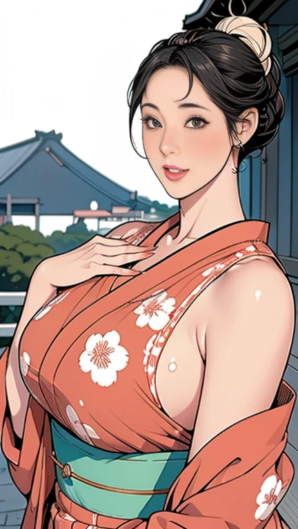 1，Japanese hairstyle，Photorealism，detailed，masterpiece，mature，((full))， (Broad shoulders), ((Huge))，（Japanese Furisode:1，In beautiful Kyoto，smile，masterpiece，高品質のAn illustration,, An illustration：Zoe Mozart, pin up art byZoe Mozert, ヴィンテージpin up, ゾーイ・モザートによるAn illustration, girl pin up, pin up girl, pin upポスターガール, pin upガール, pin up, pin upガール,20-year-old girl、At the five-story pagoda, sexy