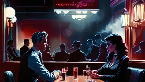 picture of a couple sitting at a restaurant table, film noir jazz bar, nighthawks, neo noir style, neo - noir style, drawn in a ...