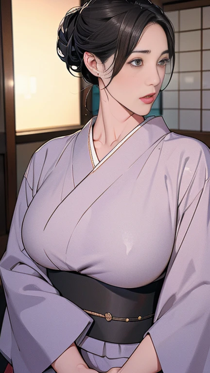 1，Japanese hairstyle，Photorealism，detailed，masterpiece，mature，((full))， (Broad shoulders), ((Huge))，プラスサイズのmature女性，expensive，30 years old，Pretty face, (Plump woman)，Beautiful long-sleeved kimono，Kimono，Hold your chest with both hands:1，high quality，Are standing，High Resolution 4K Information,Kyoto,
