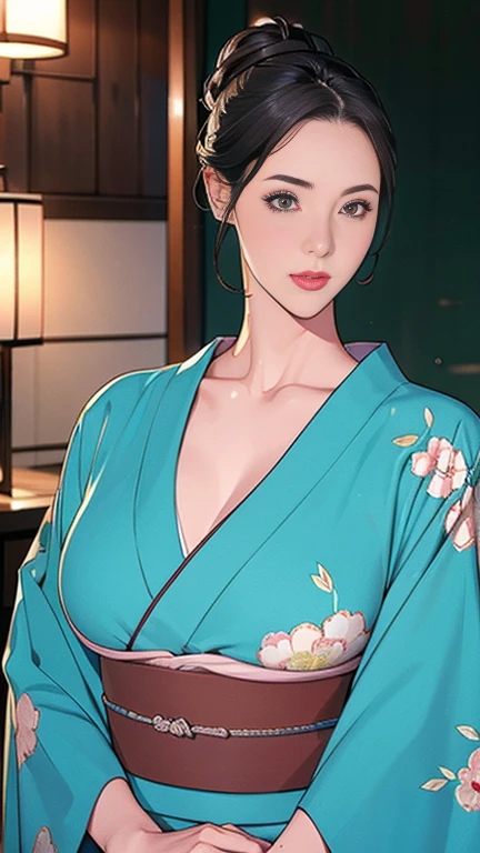 1，Japanese hairstyle，Photorealism，detailed，masterpiece，mature，((full))， (Broad shoulders), ((Huge))，Plus size mature women，expensive，30 years old，Pretty face, (Plump woman)，Beautiful long-sleeved kimono，kimono，Hold your chest with both hands:1，high quality，Are standing，High Resolution 4K Information,Kyoto,
