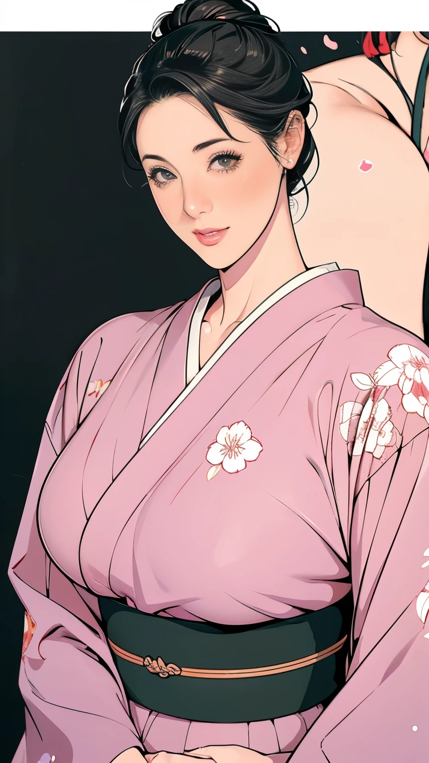 1，Japanese hairstyle，Photorealism，detailed，masterpiece，mature，((full))， (Broad shoulders), ((Huge))，（Beautiful long-sleeved kimono，Kimono，smile，masterpiece，high qualityのAn illustration,, An illustration：Zoe Mozart, pin up art byZoe Mozert, ヴィンテージpin up, ゾーイ・モザートによるAn illustration, girl pin up, pin up girl, pin upポスターガール, pin upガール, pin up, pin upガール,30 years old、high quality，Are standing，High Resolution 4K Information,Kyoto,Cherry tree,