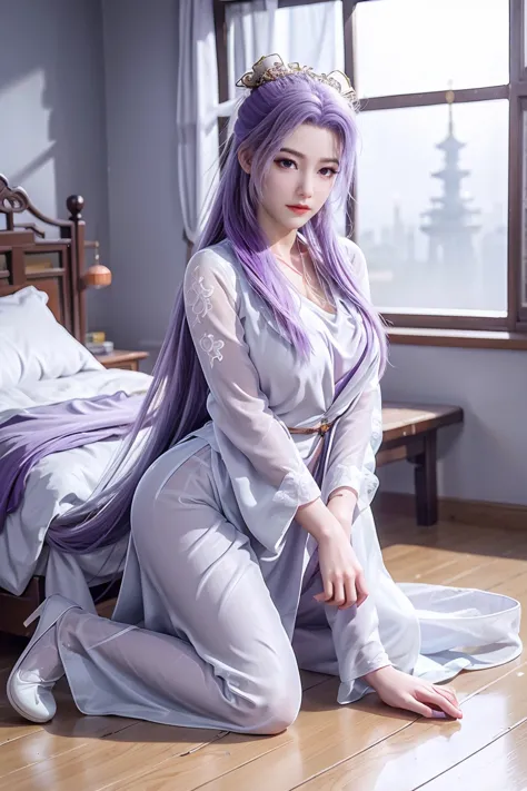 chinese purple cheongsam，long legs，in the bedroom，full-body shot,purple bikini，show your belly button，large cup