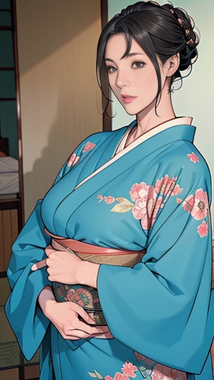 1，Japanese hairstyle，Photorealism，detailed，masterpiece，mature，((full))， (Broad shoulders), ((Huge))，Plus size mature women，expensive，30 years old，Pretty face, (Plump woman)，Beautiful long-sleeved kimono，kimono，Hold your chest with both hands:1，high quality，Are standing，High Resolution 4K Information,Kyoto,
