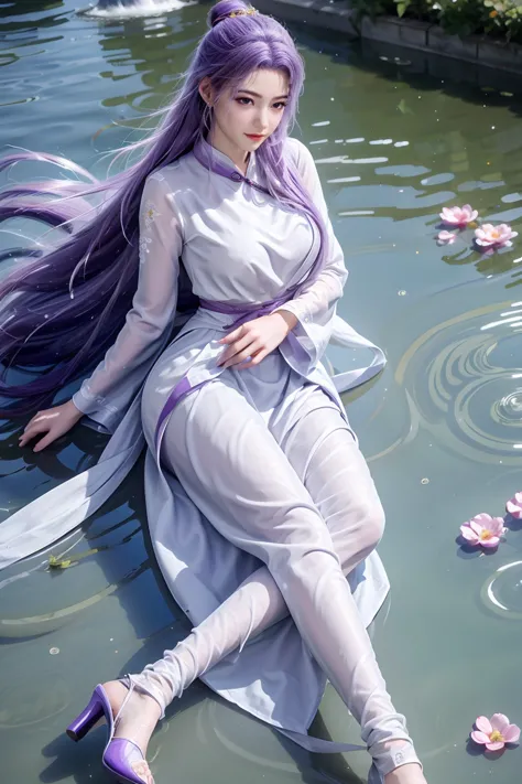 chinese purple cheongsam，long legs，in the bedroom，full-body shot，wear purple high heels，lying in the water，wet hair，clothes are ...