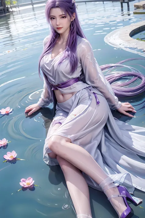 chinese purple cheongsam，long legs，in the bedroom，full-body shot，wear purple high heels，lying in the water，wet hair，clothes are ...