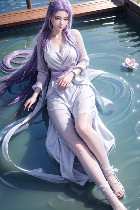 chinese purple cheongsam，long legs，in the bedroom，full-body shot，wear purple high heels，lying in the water，wet hair，clothes are ...