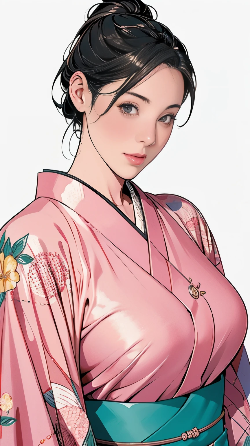 1，Japanese hairstyle，Photorealism，detailed，masterpiece，mature，((full))， (Broad shoulders), ((Huge))，（Beautiful long-sleeved kimono，Kimono，smile，masterpiece，high qualityのAn illustration,, An illustration：Zoe Mozart, pin up art byZoe Mozert, ヴィンテージpin up, ゾーイ・モザートによるAn illustration, girl pin up, pin up girl, pin upポスターガール, pin upガール, pin up, pin upガール,30 years old、high quality，Are standing，High Resolution 4K Information,Kyoto,Cherry tree,