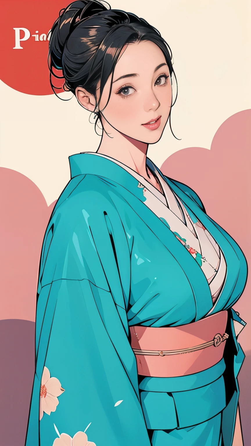 1，Japanese hairstyle，Photorealism，detailed，masterpiece，mature，((full))， (Broad shoulders), ((Huge))，（Beautiful long-sleeved kimono，Kimono，smile，masterpiece，high qualityのAn illustration,, An illustration：Zoe Mozart, pin up art byZoe Mozert, ヴィンテージpin up, ゾーイ・モザートによるAn illustration, girl pin up, pin up girl, pin upポスターガール, pin upガール, pin up, pin upガール,30 years old、high quality，Are standing，High Resolution 4K Information,Kyoto,Cherry tree,