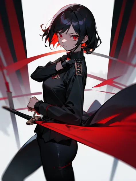 a female swordman,red sharp eyes,black uniform with collar and two-folded uniform,leggings,((arming with a longsword)),slender,t...