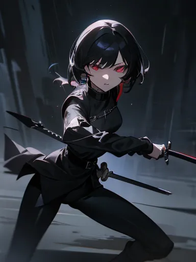 a female swordsman, detailed red sharp eyes, black uniform with collar and two-folded uniform, leggings, ((arming with a longswo...