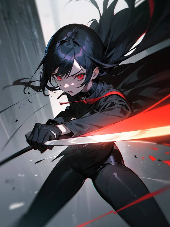 A female swordsman, red sharp eyes, black uniform with collar and two-folded uniform, leggings, ((arming with a longsword)), slender, tall, masterpiece, high quality, hyper detailed, cinematic lighting, dramatic pose, dynamic action, intense expression, moody atmosphere, dark fantasy, dramatic shadows, vibrant colors, rich textures