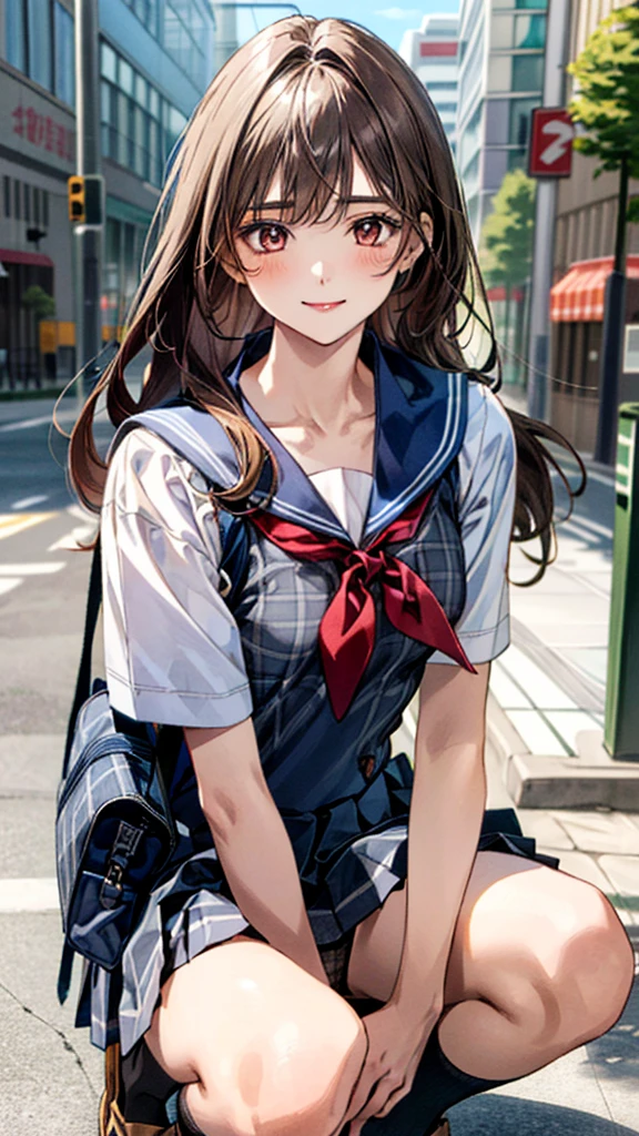  (((Ultra-small micro sailor suit))),(masterpiece:1.3, top-quality), ultra high res, ultra detailed, (realistic, photorealistic:1.4), beautiful illustration, perfect lighting, colorful, depth of fields, 
looking at viewer, (face focus, upper body), 1 girl, 独奏, hight school girl, gravure model, (large breasts:0.8, large ass, seductive thighs, skindentation),
(long hair:1.2, straight hair:1.2, hair intakes, Bronze hair), asymmetrical bangs, (brown) eyes, drooping eyes, big eyes, shiny skin, 
beautiful hair, beautiful face, extremely detailed face, beautiful detailed eyes, beautiful clavicle, beautiful body, beautiful chest, beautiful thigh, beautiful legs, beautiful fingers, 
(detailed cloth texture, navy knit vest, collared short sleeve white shirt, grey plaid pleated skirt, grey plaid tie), black socks, white panties, black school bag,
(beautiful scenery), evening, (downtown, ), squatting, (lovely smile. upper eyes),