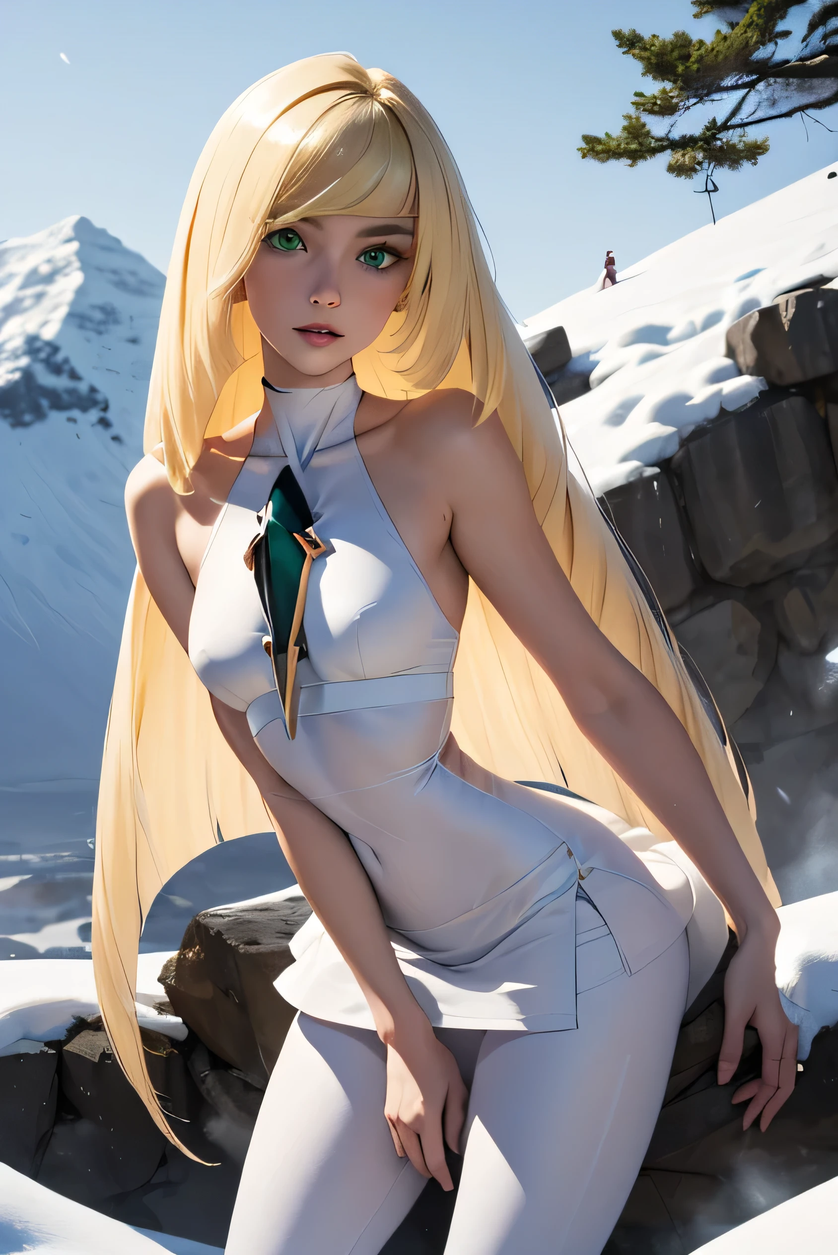 (masterpiece, Highest quality), One person, Lusamineデフ, Mature Woman, Very long hair, gem, Sleeveless dress, Short dress, White leggings, Very long hair, gem, Lusamine, blonde, Very long hair, Green Eyes, Small breasts, Highly detailed face and skin texture, Delicate and beautiful eyes, Natural Cheeks, Glowing Skin, Glossy Lips, Perfect Style, Are standing, Leaning forward, Mountain々, hot spring, winter, snow