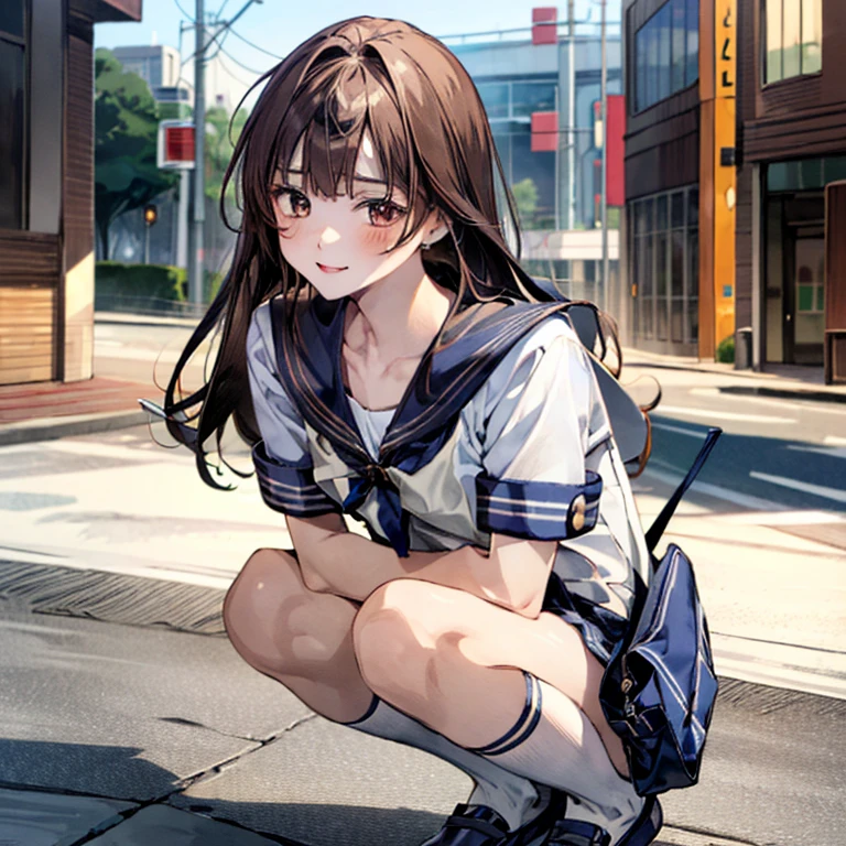  (((Ultra-small sailor uniform:1.4))),(masterpiece:1.3, top-quality), ultra high res, ultra detailed, (realistic, photorealistic:1.4), beautiful illustration, perfect lighting, colorful, depth of fields, 
looking at viewer, (face focus, upper body), 1 girl, 独奏, hight school girl, gravure model, (large breasts:0.8, large ass, seductive thighs, skindentation),
(long hair:1.2, straight hair:1.2, hair intakes, Bronze hair), asymmetrical bangs, (brown) eyes, drooping eyes, big eyes, shiny skin, 
beautiful hair, beautiful face, extremely detailed face, beautiful detailed eyes, beautiful clavicle, beautiful body, beautiful chest, beautiful thigh, beautiful legs, beautiful fingers, 
(detailed cloth texture, navy knit vest, collared short sleeve white shirt, grey plaid pleated skirt, grey plaid tie), black socks, white panties, black school bag,
(beautiful scenery), evening, (downtown, ), squatting, (lovely smile. upper eyes),