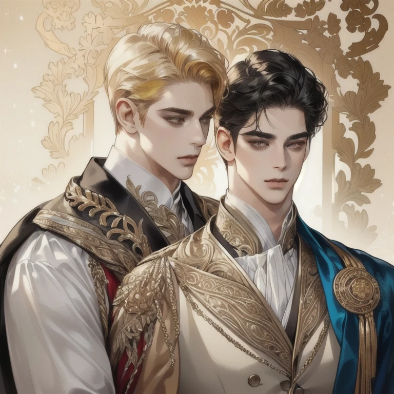 Two man looking at the view, Handsome two boy, beautiful detailed face, handsome stunning realistic, Suit, gold accessories on clothes, Charlie Bowater Style, upper body, handsome man, by Ignacio Zuloaga, background bright dark, multiple colours 