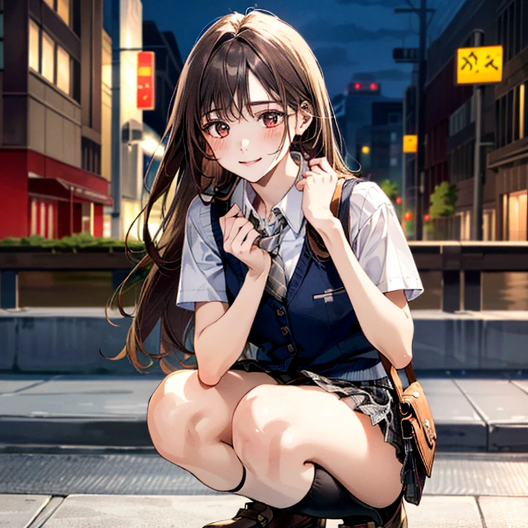  (((Ultra-small miniskirt:1.2))),(masterpiece:1.3, top-quality), ultra high res, ultra detailed, (realistic, photorealistic:1.4), beautiful illustration, perfect lighting, colorful, depth of fields, 
looking at viewer, (face focus, upper body), 1 girl, 独奏, hight school girl, gravure model, (large breasts:0.8, large ass, seductive thighs, skindentation),
(long hair:1.2, straight hair:1.2, hair intakes, Bronze hair), asymmetrical bangs, (brown) eyes, drooping eyes, big eyes, shiny skin, 
beautiful hair, beautiful face, extremely detailed face, beautiful detailed eyes, beautiful clavicle, beautiful body, beautiful chest, beautiful thigh, beautiful legs, beautiful fingers, 
(detailed cloth texture, navy knit vest, collared short sleeve white shirt, grey plaid pleated skirt, grey plaid tie), black socks, white panties, black school bag,
(beautiful scenery), evening, (downtown, ), squatting, (lovely smile. upper eyes),