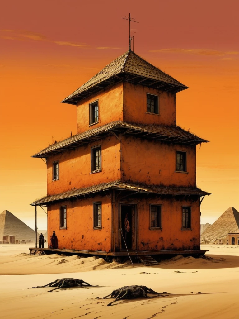 
orange sky desert buildings buried in the sand, surrealistic figures