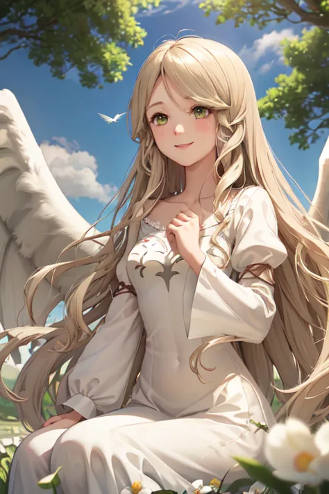 masterpiece, best quality, leanne, two wings, long white dress, upper body, smile, looking at viewer, spring, clouds, trees, fie...