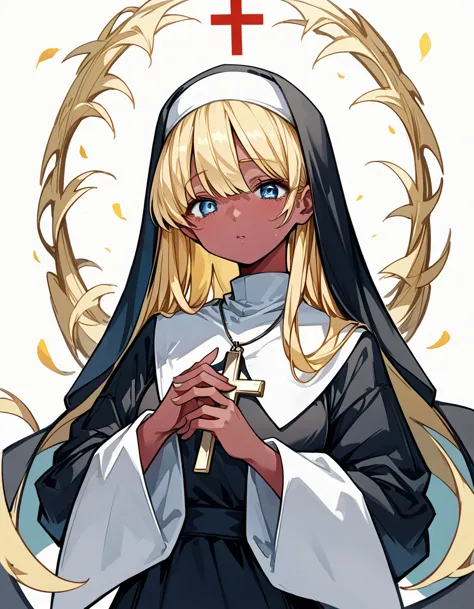 (blonde:1.6),(darkskin:1.3),anime character dressed in nuns outfit with cross and blue eyes, detailed digital anime art, nuns, n...