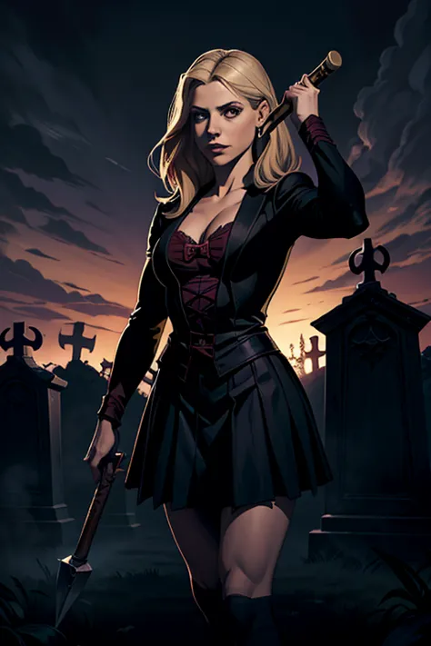 buffy the vampire slayer, sarah michelle gellar, high school uniform, holding a hammer and wooden stake, 1, cemetery at night, r...