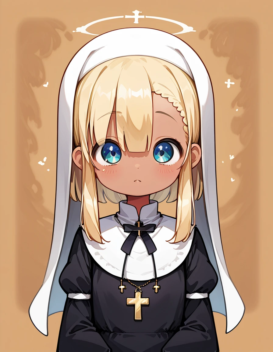 (loli:1.8),(0 old years:1.6),(Blonde:1.6),(darkskin:1.3),anime character dressed in Nuns outfit with cross and blue eyes, detailed Digital anime art, Nuns, Nuns outfit, 4K Manga Wallpapers, Gweiz-style artwork, clean Detailed anime art, Digital anime illustration, [ 4k digital art ]!!, Digital anime art, guweiz on pixiv artstation, Nuns fashion model, Detailed anime art