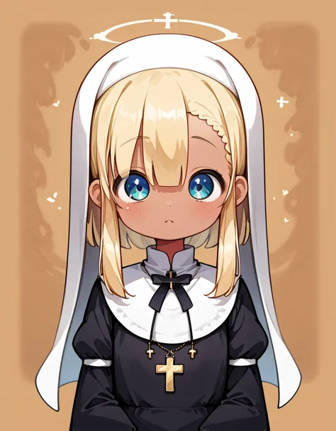 (loli:1.8),(0 old years:1.6),(blonde:1.6),(darkskin:1.3),anime character dressed in nuns outfit with cross and blue eyes, detail...