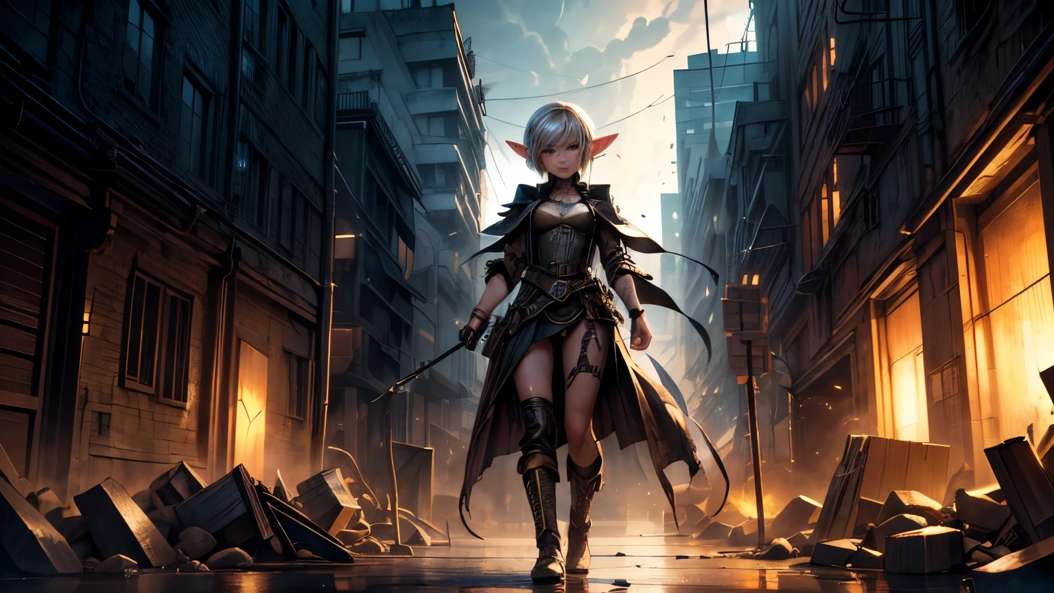 8k cute elf, (teenage elf with extremely cute eyes)), (((elf))), ((((High resolution))), (((extremely detailed))), ((masterpiece)), Se parece a Aerith Gainsborough., dramatic shadows, depth of field, Analog photography style, (A world where steampunk and post-apocalyptic vibes collide.), cute post-apocalyptic woman in steampunk aesthetic, torn dirty clothes, depth of field, full body shot, unzoomed, (perfect body: 1.4), (short hairstyle with side part), (bullying is quite common, Although it is not the best way to make a living), stylized atmosphere of unreality, dark atmosphere, dynamic pose, moving, Armageddon, increase cinematic lighting, Very realistic skin texture, Chapped lips, tired eyes, fine eyes, whitened skin, random hair color, aura of the end of the world