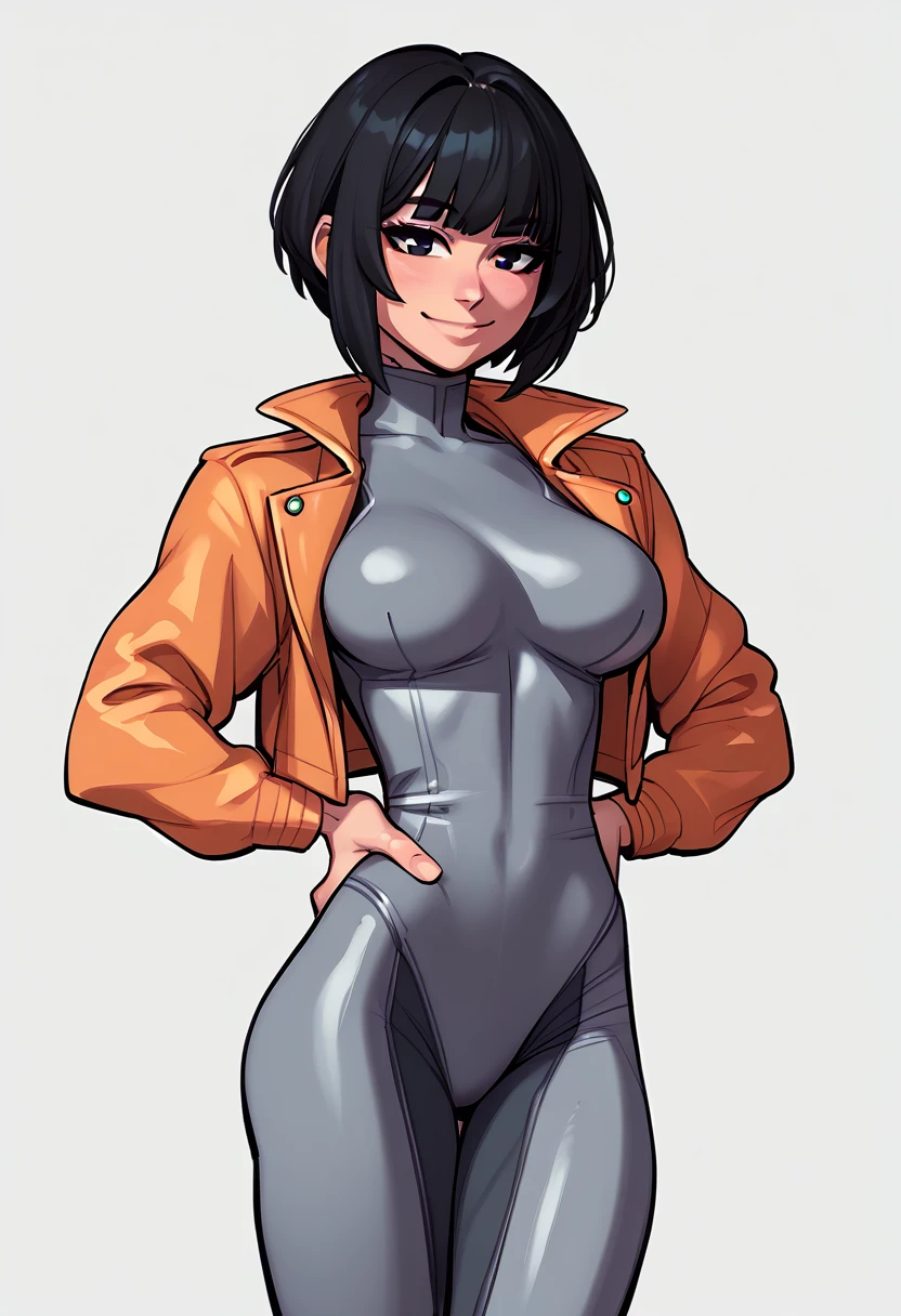 score_5_up,score_6_up,score_7_up,
 1girl, bangs, black hair, blush, breasts, closed mouth, cowboy shot, short jacket, grey background, hand on hip, bodysuit, medium breasts, looking at viewer, open clothes, open jacket, short hair, simple background, smile, solo, standing, thighs, white background